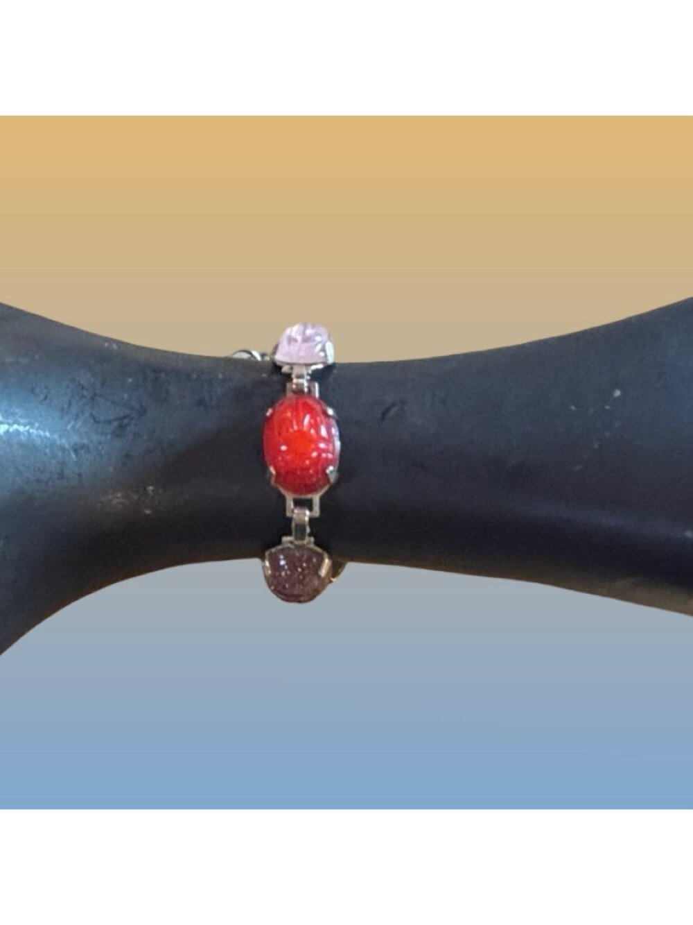 Egyptian Revival Scarab Bracelet GoldTone Multicolor Carved Gemstones Adjustable
